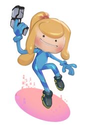  1girl black_eyes blonde_hair boots commentary ditto english_commentary flat_chest gun handgun high_ponytail holding holding_gun holding_weapon long_hair metroid pokemon pokemon_(creature) ponytail psuede samus_aran simple_background smile solo transformed_ditto weapon white_background zero_suit 