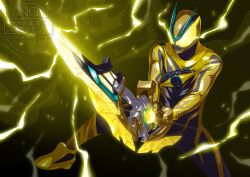 1boy absurdres boots breakam_zeztzer capsems commentary_request electricity gloves glowing helmet highres holding holding_sword holding_weapon inazuma_blaster kamen_rider kamen_rider_zeztz kamen_rider_zeztz_(series) kamen_rider_zeztz_inazuma_plasma male_focus masked otokamu rider_belt signature simple_background solo sword thunder weapon yellow_boots yellow_gloves yellow_helmet zeztz_driver