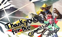  10_09hwan 1boy absurdres blonde_hair brown_armor brown_helmet commentary commission cowboy_shot digimon digimon_(creature) digimon_story:_time_stranger duftmon feathered_wings finger_on_trigger glint goggles goggles_on_head green_eyes green_jacket gun helmet highres holding holding_gun holding_sword holding_weapon jacket male_focus multicolored_jacket pants red_hair red_scarf scarf sword two-tone_jacket weapon white_jacket white_pants white_wings wings yellow_eyes yuuki_dan 