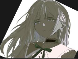  1girl art_program_in_frame bang_dream! bang_dream!_it's_mygo!!!!! baudrillardyuri choker frilled_choker frills green_hair green_ribbon long_hair looking_at_viewer parted_lips ribbon simple_background solo upper_body wakaba_mutsumi white_background 