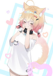  >_< 1girl absurdres ahoge animal_collar animal_ear_fluff animal_ears animal_print bell black_collar black_ribbon blonde_hair blush breasts cat_ears cat_girl cat_print cat_tail closed_mouth collar controller_hair_ornament cowboy_shot crossed_bangs eyebrows_hidden_by_hair facing_viewer fish_print gradient_hair hair_bell hair_ornament hair_ribbon hairclip hands_on_own_cheeks hands_on_own_face hands_up hashtag-only_commentary heart highres indie_virtual_youtuber legs_together medium_hair minikomew multicolored_hair no_pants noayuzuki octopus_hair_ornament oversized_clothes oversized_shirt pink_hair purple-framed_eyewear ribbon round_eyewear shirt single_bare_shoulder small_breasts smile solo split_mouth standing tail tail_raised two-tone_hair virtual_youtuber white_background white_shirt yellow_tail 