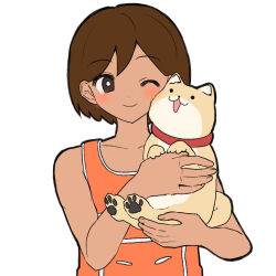  1boy :3 ;) affectionate animal bare_arms bare_shoulders blush bright_pupils brown_eyes brown_hair cheek-to-cheek closed_mouth collarbone commentary_request dog double-parted_bangs facing_viewer fingernails flat_color hair_behind_ear hair_between_eyes hands_up heads_together hector_(omori) highres holding holding_animal holding_dog kel_(faraway)_(omori) kel_(omori) looking_at_animal looking_to_the_side male_focus omori one_eye_closed open_mouth orange_tank_top short_hair simple_background smile solid_circle_eyes solo straight-on tank_top tareme true_erg upper_body white_background white_pupils white_trim 