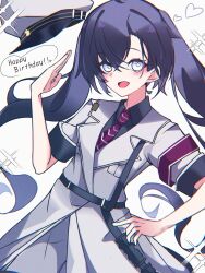  1girl armband black_hair black_shirt collared_shirt grey_eyes happy_birthday hat highres jacket long_hair military_hat military_jacket military_uniform minus_(reverseblue) necktie op_onso_gense open_mouth peaked_cap red_armband red_necktie reverseblue_x_re-birthend shirt short_sleeves solo striped_clothes striped_necktie twintails white_hat white_jacket 