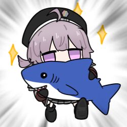  1girl chibi girls_frontline hat holding holding_stuffed_toy m200_(girls'_frontline) pink_hair skirt star_(symbol) stuffed_toy user074519 violet_eyes 