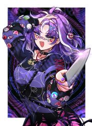  1girl bandaid bandaid_on_face bandaid_on_nose black_choker choker commentary english_commentary eye_print fang highres indie_virtual_youtuber knife long_hair michi_mochievee misakii_art multicolored_hair open_mouth patchwork_skin purple_hair skin_fang stitched_face stitches streaked_hair striped_clothes striped_sweater sweater torn_clothes virtual_youtuber white_hair white_streaks 