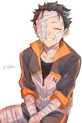  artist_name bandage_over_one_eye bandaged_arm bandages black_hair blood blood_on_arm blood_on_leg bruise bruise_on_face closed_eyes commentary_request facing_viewer highres injury jacket jacket_partially_removed kotake0714 male_focus natsuki_subaru open_mouth popped_collar re:zero_kara_hajimeru_isekai_seikatsu short_hair sleeves_rolled_up smile track_suit very_short_hair 