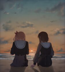  1girl 1other akiyama_mizuki aose_(aose_pp) beach bird bow brown_hair clouds commentary_request dress facing_away from_behind full_body hair_bow highres long_hair long_sleeves ocean orange_sky pink_hair project_sekai puffy_long_sleeves puffy_sleeves sand school_uniform shinonome_ena short_hair side_ponytail sitting skirt sky striped_clothes striped_skirt sun sunset three-quarter_sleeves vertical-striped_clothes vertical-striped_skirt 