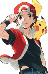  1boy baseball_cap belt belt_buckle black_shirt blue_pants brown_eyes brown_hair buckle closed_mouth collarbone denim hashtag-only_commentary hat hat_tip jacket jeans korosliszt looking_at_viewer male_focus on_shoulder open_clothes open_jacket pants pikachu pokemon pokemon_(creature) pokemon_day pokemon_frlg pokemon_on_shoulder popped_collar red_(pokemon) red_jacket shirt short_hair short_sleeves upper_body white_background wristband 