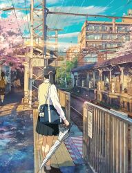  apartment bag black_hair black_shoes black_skirt blue_sky building cherry_blossoms clouds commentary_request highres holding holding_umbrella morning multiple_boys multiple_girls original outdoors overhead_line pleated_skirt ponytail railing railroad_tracks ryowelcome1 school_bag school_uniform shirt shoes skirt sky socks solo solo_focus standing sweater_vest train_station umbrella vanishing_point vest white_shirt white_socks white_umbrella window yellow_vest 