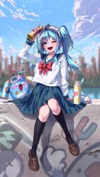  1girl arahashi_tabi black_socks blue_eyes blue_hair blue_sailor_collar blue_skirt blue_sky blurry blurry_background bow bowtie brown_shoes building clouds commentary_request goggles goggles_on_head graffiti highres holding holding_spray_can kneehighs korean_commentary long_hair long_sleeves one_eye_closed open_mouth paint_on_clothes paint_splatter paint_splatter_on_face pleated_skirt pungdangi_(arahashi_tabi) red_bow red_bowtie sailor_collar school_uniform seasalt_flavour shirt shoes sitting skirt sky socks spray_can spray_paint stellive teeth twintails upper_teeth_only virtual_youtuber water white_shirt 