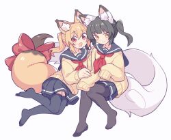  2girls animal_ear_fluff animal_ears black_hair black_pantyhose black_sailor_collar black_skirt black_thighhighs blonde_hair bow cardigan double-parted_bangs fox_ears fox_girl fox_tail full_body hair_between_eyes looking_at_viewer miniskirt multiple_girls neckerchief open_mouth original pantyhose pleated_skirt ponytail red_bow red_eyes red_neckerchief sailor_collar school_uniform serafuku short_eyebrows simple_background sitting skirt sleeves_past_fingers sleeves_past_wrists smile suzuno_(suzuno3110) tail tail_bow tail_ornament thick_eyebrows thigh-highs twintails white_background yellow_cardigan yellow_eyes 