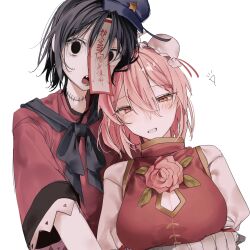  2girls armband arms_under_breasts black_bow black_bowtie black_eyes black_hair blue_hat blush bow bowtie breasts brooch cleavage_cutout clothing_cutout commentary_request dededon_(2suy_aas) double_bun dress empty_eyes expressionless flower_brooch hair_bun half-closed_eyes hat hat_ornament height_difference highres ibaraki_kasen jewelry jiangshi large_breasts looking_at_viewer medium_hair miyako_yoshika multiple_girls no_pupils ofuda ofuda_on_head open_mouth pink_eyes pink_hair red_dress short_hair short_sleeves simple_background smile star_(symbol) star_hat_ornament stitched_neck stitches touhou upper_body white_background yuri 