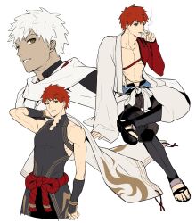  3boys brown_eyes cape cigarette commentary_request dark-skinned_male dark_skin detached_sleeves emiya_shirou fate/grand_order fate_(series) gyogyo_hjj highres holding holding_unworn_cape holding_unworn_clothes invisible_chair japanese_clothes korean_commentary male_focus multiple_boys multiple_persona pectorals red_hair red_rope rope sandals senji_muramasa_(fate) senji_muramasa_(second_ascension)_(fate) senji_muramasa_(third_ascension)_(fate) single_detached_sleeve sitting smile smoke smoking toned toned_male unworn_cape white_hair 