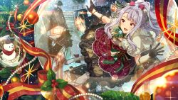  1girl black_gloves card_commentary christmas christmas_ornaments commentary_request dress floating game_cg gloves grey_hair idolmaster idolmaster_(classic) idolmaster_million_live! idolmaster_million_live!_theater_days official_alternate_costume official_alternate_hairstyle official_art open_mouth ponytail shijou_takane smile snow snowman solo third-party_source violet_eyes 