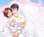  1girl bad_id black_hair breasts bricola brown_hair cleavage dress earrings glasses gloves gundam gundam_00 jewelry kati_mannequin necklace patrick_colasour purple_eyes veil violet_eyes wedding_dress 