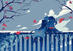  1boy 1girl arknights arsteur autumn_leaves bare_tree black_coat black_hairband black_pants black_skirt capelet closed_eyes closed_mouth clouds coat commentary_request covering_own_mouth doctor_(arknights) dress_shoes food fruit fruit_tree hairband highres hood hooded_coat lab_coat leaf leaning_on_person leaning_to_the_side long_hair long_sleeves medium_hair nature on_railing outdoors pants pantyhose plant priestess_(arknights) railing shirt skirt sky smile snow sweater tree turtleneck turtleneck_shirt vines whispering whispering_in_ear white_capelet white_coat white_hair white_sweater 