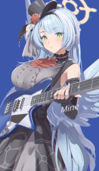  1girl absurdres ascot bare_shoulders bass_guitar black_gloves black_hat black_headband blue_archive blue_background blue_hair blue_wings blush breasts commentary_request dress elbow_gloves fingerless_gloves flower gloves green_eyes grey_dress halo hat hat_flower headband highres holding holding_bass_guitar holding_instrument idol idol_clothes instrument large_breasts long_hair low_wings mine_(blue_archive) mine_(idol)_(blue_archive) mini_hat mini_top_hat official_alternate_costume pointy_ears red_ascot red_flower solo tamagore top_hat wings yellow_halo 