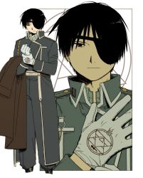  1boy adjusting_clothes adjusting_gloves black_eyes black_hair brown_coat closed_mouth coat collared_shirt eyepatch feet_out_of_frame fullmetal_alchemist gloves grey_jacket grey_pants highres jacket ls182_520 male_focus military_jacket military_uniform multiple_views muted_color pants roy_mustang shirt short_hair solo standing white_background white_gloves white_shirt white_trim 