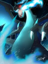 1other 2026 artist_name black_background black_skin blue_fire blue_skin breathing_fire charizard dragon fangs fire furry glowing glowing_eyes horns lizard mega_charizard_x mega_pokemon no_humans open_mouth pokemon pokemon_(creature) red_eyes sharp_fingernails sharp_teeth signature solo sparks spikes tail two-tone_skin uchikki_riza white_pupils wings