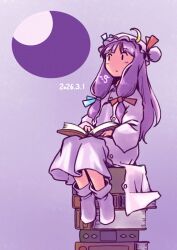  1girl adversarial_noise blue_ribbon book book_stack buttons commentary_request crescent crescent_hat_ornament dated dress full_body hair_ribbon hat hat_ornament holding holding_book light_blush long_hair mob_cap moon open_book patchouli_knowledge purple_background purple_dress purple_hair purple_hat purple_moon purple_shoes rangycrow red_ribbon ribbon shoes sidelocks sitting solo touhou |_| 