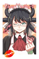  1girl apron black_dress black_hair black_horns border closed_mouth commentary_request dragon_girl dragon_horns dress duel_monster english_text heart highres horns house_dragonmaid lipstick_mark maid maid_headdress one_eye_closed polaroid_photo shibumi smile solo white_apron white_border yu-gi-oh! 