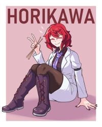  1girl arm_strap black_pantyhose blush boots border character_name closed_eyes collared_shirt commentary drumsticks flipnflo full_body furrowed_brow grey_background grin hand_on_ground highres holding holding_drumsticks horikawa_raiko jacket lace-up_boots light_blush long_legs long_sleeves nail_polish necktie open_mouth pantyhose plaid_clothes plaid_shirt purple_necktie red_hair red_nails shadow shirt short_hair simple_background sitting skirt smile solo thick_thighs thighs touhou v white_border white_jacket 