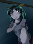  bad_id blush dark finger_to_mouth from_below green_eyes green_hair gym_uniform hair_ribbon highres indoors looking_at_viewer midorikawa_nao night ponytail pov precure ribbon rutarou seductive_smile shiny shiny_hair smile_precure! solo track_pants yellow_ribbon 