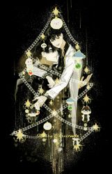  2boys :d absurdres arm_around_shoulder biyoo_(omniscient_reader's_viewpoint) black_coat black_hair black_shirt character_doll christmas_tree coat collared_shirt commentary demon_horns doll dumpling film_reel fish food highres horns hug kim_dokja lantercat looking_at_viewer merry_christmas multiple_boys ocean_sunfish omniscient_reader's_viewpoint open_clothes open_coat popped_collar shirt short_hair smile squid symbolism untranslatable_commentary white_coat yoo_joonghyuk yoo_joonghyuk_(999th_turn) 