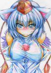  animal_ears bare_shoulders blue_eyes breasts bust colored_pencil_(medium) detached_sleeves erect_nipples hat highres inubashiri_momiji kitazinger large_breasts looking_at_viewer no_bra short_hair silver_hair solo tokin_hat touhou traditional_media wolf_ears 