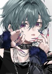  1boy :p black_choker black_tank_top blue_eyes bracelet chain choker collarbone commentary_request eyes_visible_through_hair fingernails fur_bracelet genshin_impact grey_background hair_between_eyes hair_intakes highres jewelry lohen_(genshin_impact) long_fingernails looking_at_viewer male_focus mole mole_under_eye multiple_rings red_eyes red_pupils ring sahi00000 tank_top tongue tongue_out upper_body watermark 