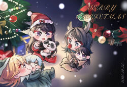  3girls antlers bang_dream! bang_dream!_it's_mygo!!!!! black_hair blonde_hair blue_eyes blue_hair blush box brown_hair character_doll chinese_commentary christmas_ornaments christmas_tree closed_mouth commentary_request doll gift gift_box hat heart highres horns long_hair merry_christmas misumi_uika mole mole_under_eye multiple_girls reindeer_antlers santa_costume santa_hat shiina_taki stuffed_animal stuffed_panda stuffed_toy togawa_sakiko violet_eyes yahata_umiri yellow_eyes yoyoray20001996 