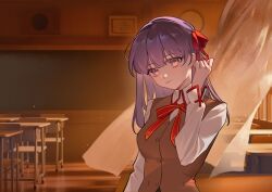  1girl amiably_02 brown_vest chalkboard classroom curtains desk fate/stay_night fate_(series) hair_ribbon hashtag-only_commentary highres homurabara_academy_school_uniform indoors long_hair long_sleeves looking_at_viewer matou_sakura neck_ribbon purple_hair red_ribbon ribbon school_desk school_uniform shirt smile solo vest violet_eyes white_shirt window 
