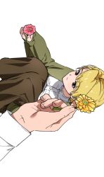  1boy 1girl blonde_hair breasts brown_eyes brown_skirt closed_mouth flower fullmetal_alchemist grey_jacket hair_between_eyes holding holding_flower jacket light_smile long_skirt medium_breasts pink_flower riza_hawkeye rmaqkfwnj roy_mustang shirt short_hair skirt white_background white_shirt yellow_flower 