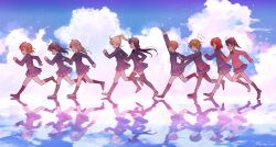  6+girls arm_up ayase_eli black_hair black_socks black_thighhighs blonde_hair blue_hair blue_jacket blue_ribbon blue_skirt blue_sky bow brown_hair closed_eyes clouds commentary_request flying_sweatdrops green_bow green_ribbon hair_bow highres hoshizora_rin hyugo jacket koizumi_hanayo kosaka_honoka long_hair long_sleeves love_live! love_live!_school_idol_project medium_hair minami_kotori multiple_girls neck_ribbon nishikino_maki open_mouth orange_hair otonokizaka_school_uniform outstretched_arms pink_sweater purple_hair red_bow red_hair red_ribbon reflection ribbon running salar_de_uyuni school_uniform short_hair skirt sky smile socks sonoda_umi sweater thigh-highs tojo_nozomi twitter_username v yazawa_nico yellow_bow 