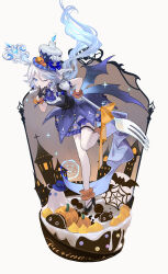  1girl absurdres alternate_costume ascot asymmetrical_gloves black_gloves black_shoes blue_ascot blue_dress blue_eyes blue_gem blue_hair blue_hat chinese_commentary closed_mouth commentary_request dress drop-shaped_pupils earrings floating_hair full_body furina_(genshin_impact) gem genshin_impact gloves hair_between_eyes half_gloves halloween hat high_heels highres issign jack-o'-lantern_hat_ornament jewelry long_hair one_eye_closed orange_scrunchie pantyhose pumpkin pumpkin_hat_ornament scrunchie shoes sidelocks simple_background smile standing standing_on_one_leg symbol-shaped_pupils top_hat white_background white_gloves white_pantyhose wrist_scrunchie 