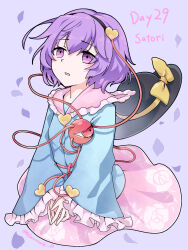  1girl aomurasaki_r black_hairband black_hat blue_shirt bow character_name commentary contrast_collar floral_print frilled_shirt_collar frilled_sleeves frills frown hairband hat hat_bow heart_ornament highres komeiji_satori long_sleeves open_mouth own_hands_together petals pink_hair pink_skirt purple_hair rose_print sad shirt short_hair skirt solo third_eye touhou twitter_username violet_eyes white_background wide_sleeves yellow_bow 