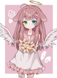  1girl absurdres ahoge animal_ears blue_eyes brown_flower closed_mouth commentary_request commission cowboy_shot dress feathered_wings flower frilled_dress frills green_eyes hair_ornament halo heterochromia highres holding holding_flower long_hair looking_at_viewer original pink_dress pink_hair pink_sailor_collar sailor_collar sailor_dress skeb_commission sleeveless sleeveless_dress solo standing thigh-highs white_thighhighs white_wings wings yadorii 