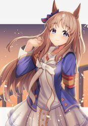 1girl animal_ears armband blue_eyes blue_jacket blush bow brown_hair closed_mouth collarbone commentary_request dress ear_bow ear_ribbon grass_wonder_(stone-piercing_blue)_(umamusume) grass_wonder_(umamusume) highres horse_ears horse_girl jacket kogetsu_azami long_hair long_sleeves looking_at_viewer multicolored_hair open_clothes open_jacket sailor_collar smile solo umamusume white_bow white_dress white_hair white_sailor_collar 