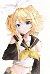  1girl aqua_eyes bare_shoulders blonde_hair bow breasts commentary hair_ornament hairclip hand_on_own_face headset highres kagamine_rin looking_at_viewer navel neckerchief number_tattoo short_hair simple_background skellychan small_breasts tattoo untranslatable_commentary vocaloid white_background white_bow yellow_neckerchief yellow_trim 