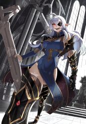  1girl absurdres ahoge armor bare_hips black_gauntlets blue_dress breasts broken broken_sword broken_weapon dress eyepatch fangs gamer_supps gauntlets general_geega grey_hair highres indie_virtual_youtuber leg_armor long_hair looking_at_viewer mokimolewds open_mouth pointy_ears red_eyes see-through_cleavage see-through_clothes single_gauntlet standing sword thighs virtual_youtuber weapon window 