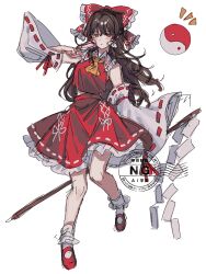  1girl amatukimahoro ascot between_fingers bow brown_hair commentary detached_sleeves frilled_bow frilled_hair_tubes frilled_skirt frills full_body gohei hair_bow hair_tubes hakurei_reimu highres holding holding_gohei holding_ofuda long_hair looking_at_viewer mary_janes ofuda ofuda_between_fingers orb red_bow red_eyes red_shoes red_skirt ribbon-trimmed_skirt ribbon-trimmed_sleeves ribbon_trim shoes simple_background skirt skirt_set socks solo touhou watermark white_background white_socks yellow_ascot yin_yang yin_yang_orb 