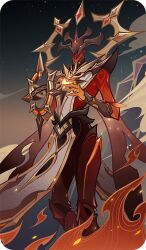  1boy abyss_lector_(genshin_impact) armor bad_source cape clouds colored_skin cuisses embers fire floating floating_object gem genius_invokation_tcg_(style) genshin_impact glowing glowing_eyes gold_trim greaves halo halo_behind_head hand_up hands_up helmet leg_armor looking_at_viewer male_focus mechanical_halo night official_art orange_skin pauldrons pelvic_curtain red_cape red_eyes red_gem red_skin shoulder_armor sky smoke solo star_(sky) starry_sky tabard vambraces white_tabard 