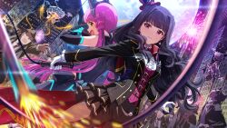  2girls 6+boys back-to-back black_hair black_jacket black_pants breasts card_commentary city closed_mouth commentary_request drone dutch_angle fireworks full_moon game_cg gloves hat holding holding_whip idolmaster idolmaster_(classic) idolmaster_million_live! idolmaster_million_live!_theater_days jacket kitakami_reika long_hair moon multiple_boys multiple_girls night official_alternate_costume official_alternate_hair_color official_art outdoors pants pink_eyes pink_hair shijou_takane third-party_source top_hat unmanned_aerial_vehicle whip white_gloves 