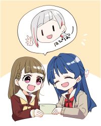  3girls :d blue_hair braid brown_cardigan brown_dress brown_hair cardigan cellphone center-flap_bangs commentary_request dollchestra dress grey_hair half_updo hasu_no_sora_school_uniform highres holding holding_phone kachimachi_kosuzu kanduki_kamibukuro link!_like!_love_live! long_sleeves love_live! mole mole_on_neck multicolored_hair multiple_girls murano_sayaka neckerchief open_cardigan open_clothes open_mouth phone pink_eyes red_neckerchief red_streaks sailor_collar sailor_dress school_uniform side_braids smartphone smile speech_bubble spoken_character streaked_hair translation_request virtual_youtuber white_sailor_collar winter_uniform yellow_neckerchief yugiri_tsuzuri |_| 