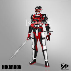  1boy armor armored_leotard black_armor black_helmet bodysuit breastplate commentary commission english_commentary full_armor full_body gakuen_tokusou_hikaruon gauntlets gloves helmet highres hikaruon holding holding_sword holding_weapon leotard majuperlahan male_focus pauldrons red_bodysuit retro_artstyle shoulder_armor solo sword tokusatsu weapon yellow_eyes 