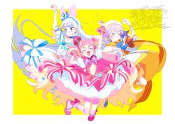  1boy 2girls :d aqua_bow aqua_bowtie arched_crown beret blonde_hair blue_bow blue_choker blue_crown blue_eyes blue_hairband blue_neckerchief boots bow bowtie brooch choker closed_eyes closed_mouth crown cure_nyammy cure_wonderful dress dress_bow earrings facing_viewer gloves grey_hair hair_bow hairband half_gloves hat heart heart_brooch inukai_komugi jewelry jumping legs_up light_frown long_hair magical_girl medium_dress mini_crown multicolored_hair multiple_girls neckerchief nekoyashiki_yuki open_mouth pact_holder pantyhose paw_pose pink_boots pink_bow pink_crown pink_dress pink_hair pink_pantyhose pointed_crown precure puffy_short_sleeves puffy_sleeves purple_bow purple_bowtie sailor_collar serizawa_serizane short_sleeves smile striped_clothes striped_pantyhose thigh-highs tilted_headwear toyama_daifuku toyama_daifuku_(magical_boy) tunic twitter_username two-tone_hair two_side_up white_dress white_gloves white_hat white_thighhighs white_tunic wonderful_precure! wrist_cuffs yellow_background yellow_pantyhose yellow_sailor_collar 