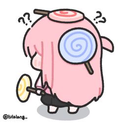  1girl ? ?? black_skirt bocchi_the_rock! candy chibi chibi_only commentary confused facial_tattoo food food_on_head from_behind full_body gotoh_hitori highres holding holding_candy holding_food holding_lollipop jacket lollipop long_hair lulalang object_on_head one_side_up pink_hair pink_jacket simple_background skirt solo standing swirl_lollipop tattoo twitter_username untranslatable_commentary white_background 