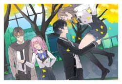  2boys 2girls black_choker black_gloves black_hair black_jacket black_pants black_shoes black_skirt black_socks blazer blue_bow blue_bowtie bow bowtie brown_coat brown_hair brown_scarf buttons choker closed_eyes closed_mouth coat collared_shirt commentary_request contrast_collar dan_heng_(honkai:_star_rail) double-breasted earrings falling_leaves ginkgo_leaf ginkgo_tree glasses gloves graphia_academy_school_uniform grass grey_hair hand_on_another's_head hand_on_own_hip hand_up headpat highres honkai:_star_rail honkai_(series) jacket jewelry kneehighs leaf lifting_person long_hair looking_at_another march_7th_(honkai:_star_rail) medium_hair multiple_boys multiple_girls official_alternate_costume open_mouth outdoors pants pink_hair pleated_skirt railing sabotender009 scarf school_uniform shirt shoes short_hair skirt socks stelle_(honkai:_star_rail) thigh_strap trailblazer_(honkai:_star_rail) tree welt_yang white_jacket white_shirt white_trim 