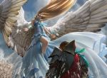  1girl angel angel_wings armor feathers floating johannes_voss long_hair magic:_the_gathering official_art restoration_angel signature very_long_hair white_wings wings 