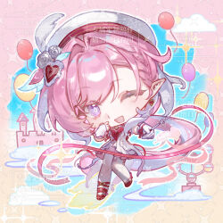  1girl ;o balloon beret castle chibi chibi_only commission diamond-shaped_pupils diamond_(shape) dress earrings elf elysia_(hi_love_elf)_(honkai_impact) elysia_(honkai_impact) ferris_wheel hat heart heart_earrings highres holding_ribbon_baton honkai_(series) honkai_impact_3rd jewelry long_hair multicolored_hair one_eye_closed pink_hair pink_ribbon pink_sky pointy_ears red_shoes ribbon seawave02974 shoes sky solo symbol-shaped_pupils thigh-highs two-tone_hair very_long_hair violet_eyes white_dress white_hair white_thighhighs 